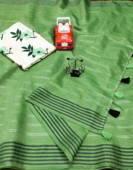 Olive Green Linen Saree With Cotton Tussle From Bhagalpur