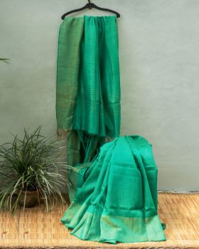 Sea Green Plain Body Cotton And Eri Silk Pure Handloom Saree From Assam