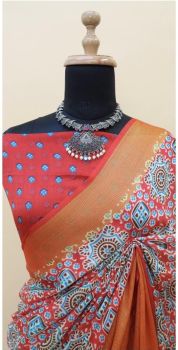 Orange Butta Printed Work Pure Chiffon Saree