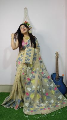 Light Brown Pure Handloom Cotton Saree From Bengal