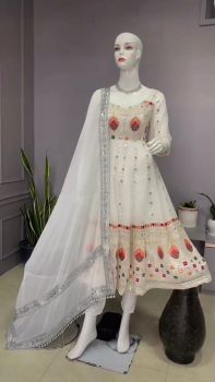 White Embroidery Work Georgette Gown With Pant And Dupatta