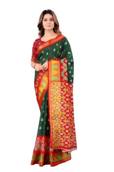 Mahastree Green Ikkat Pattu Kalamkari Silk Cotton Saree