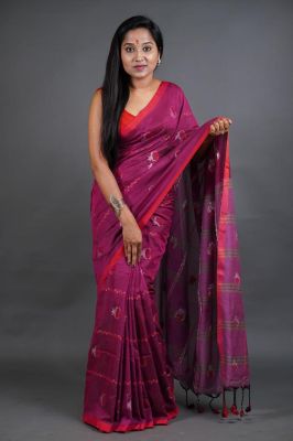 Purple Pure Handloom Cotton Saree From Bengal