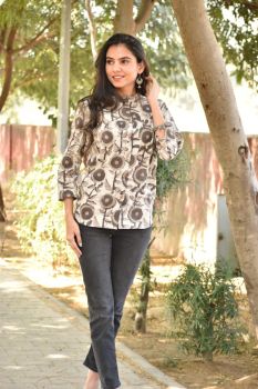 White Brown Hand Block Prientred Cotton Top