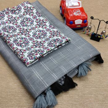 Grey Linen Saree With Cotton Tussle From Bhagalpur