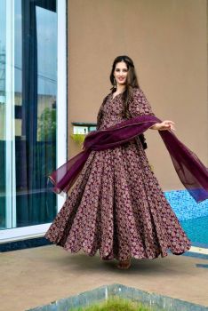 Maroon Digital Print Silk Gown With Net Dupatta