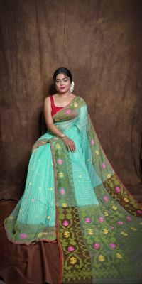 Aqua Blue Pure Handloom Dhakai Jamdani Saree From Bengal