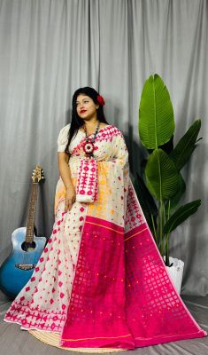 White Pink Pure Handloom Dhakai Jamdani Saree From Bengal