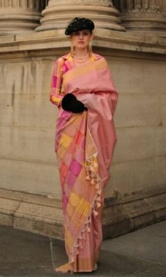 Rose Gold Pure Handloom Silk Saree From Banaras