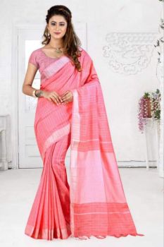 Pink Stripes Linen Saree With Silver Zari
