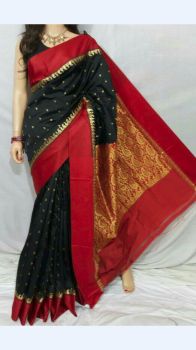 Black Gorat Silk Saree With Maroon Pallu And Golden Zari Work