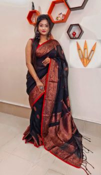 Black Pure Handloom Linen Cotton Saree From Bengal
