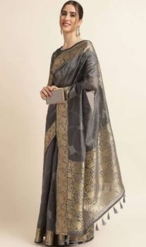 Gray Pure Handloom Silk Saree From Banaras