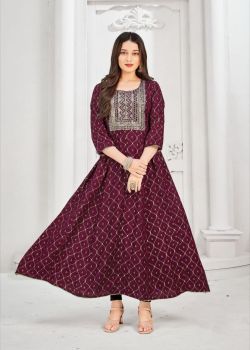 Maroon Embroidery Work With Foil Print Flair Rayon Gown