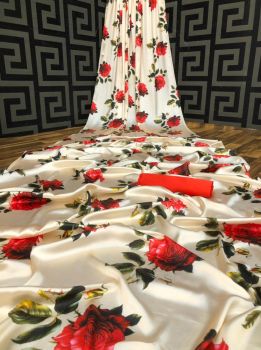 Off White Printed Flower Design Heavy Satin Silk Saree
