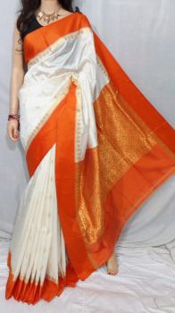 White Gorat Silk Saree With Orange Pallu And Golden Zari Work