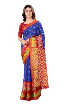 Mahastree Blue Ikkat Pattu Kalamkari Silk Cotton Saree