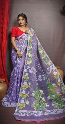 Lavender Pure Handloom Dhakai Jamdani Saree From Bengal