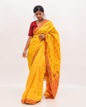 Yellow Butta Mulberry Silk Handloom Saree From Assam