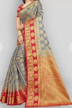 Oslo Grey Semi Silk Antique Zari Saree From Banaras