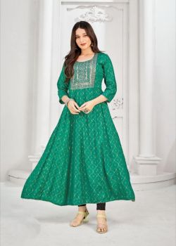 Green Embroidery Work With Foil Print Flair Rayon Gown