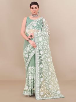 Sea Green Flower Thread Work Soft Net Saree