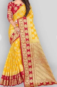 Saffron Yellow Semi Silk Antique Zari Saree From Banaras