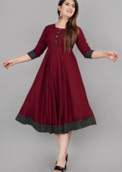 Maroon Block Cotton Blend Anarkali Kurti From Bengal