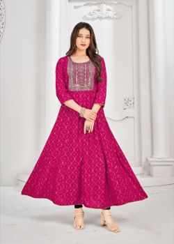 Pink Embroidery Work With Foil Print Flair Rayon Gown