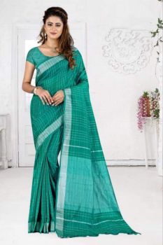 Teal Green Stripes Linen Saree With Silver Zari