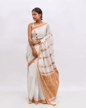 White Light Orange Motifs Pure Cotton Saree Handloom From Assam