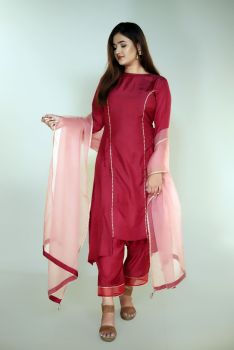 High Low Suit Set With Organza Dupatta