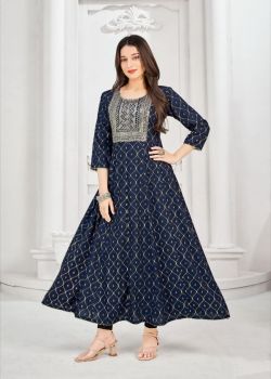 Navy Blue Embroidery Work With Foil Print Flair Rayon Gown