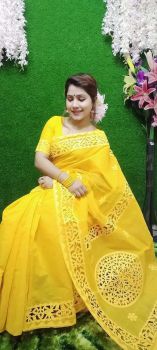 Yellow Silk Cotton Saree Flower Design Saree From Bengal
