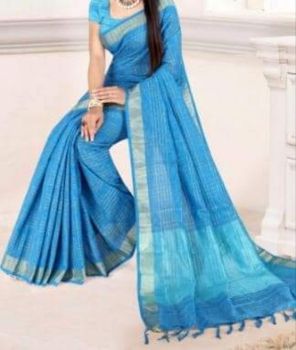 Blue Stripes Linen Saree With Silver Zari