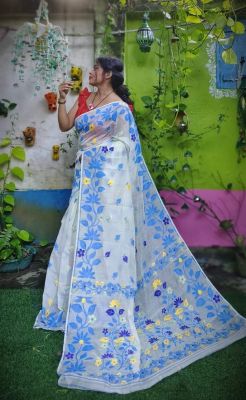 White Pure Handloom Dhakai Jamdani Saree From Bengal