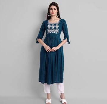 Teal Blue Embroidery Work Rayon Cotton Kurti