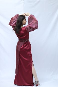 Claret Evening Dress With Hand Embroidered Organza Waist Belt.