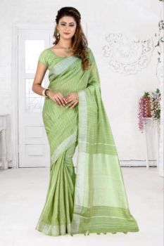 Pista Green Stripes Linen Saree With Silver Zari