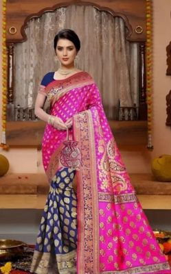 Navy Blue Pink Pure Handloom Banarasi Silk Cotton Saree From Banaras