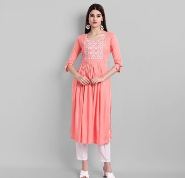 Peach Embroidery Work Rayon Cotton Kurti