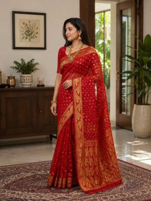 Bright Red Pure Handloom Dhakai Jamdani Saree From Bengal