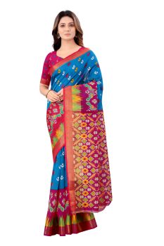 Mahastree Blue Ikkat Pattu Kalamkari Silk Cotton Saree