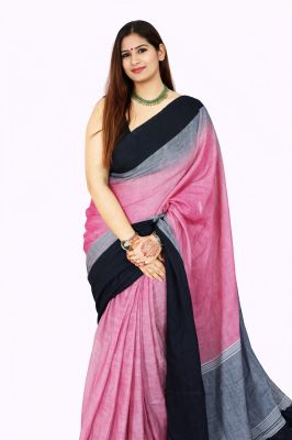 Pink Black Pure Handloom Cotton Saree From Bengal
