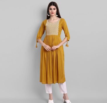 Yellow Embroidery Work Rayon Cotton Kurti
