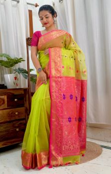 Yellow Pure Handloom Muslin Banarasi Saree