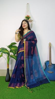 Navy Blue Pure Handloom Silk Cotton Saree From Bengal