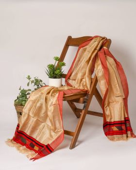Cream Red Stripes Tussar Silk Saree From Assam