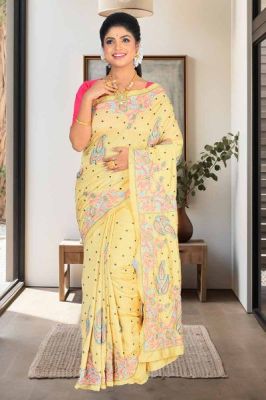 Cream Handloom Kantha Stitch Saree From Bengal