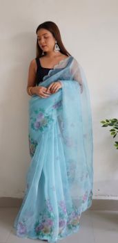 Sky Blue Flower Printed Work Pure Organza Silk Saree